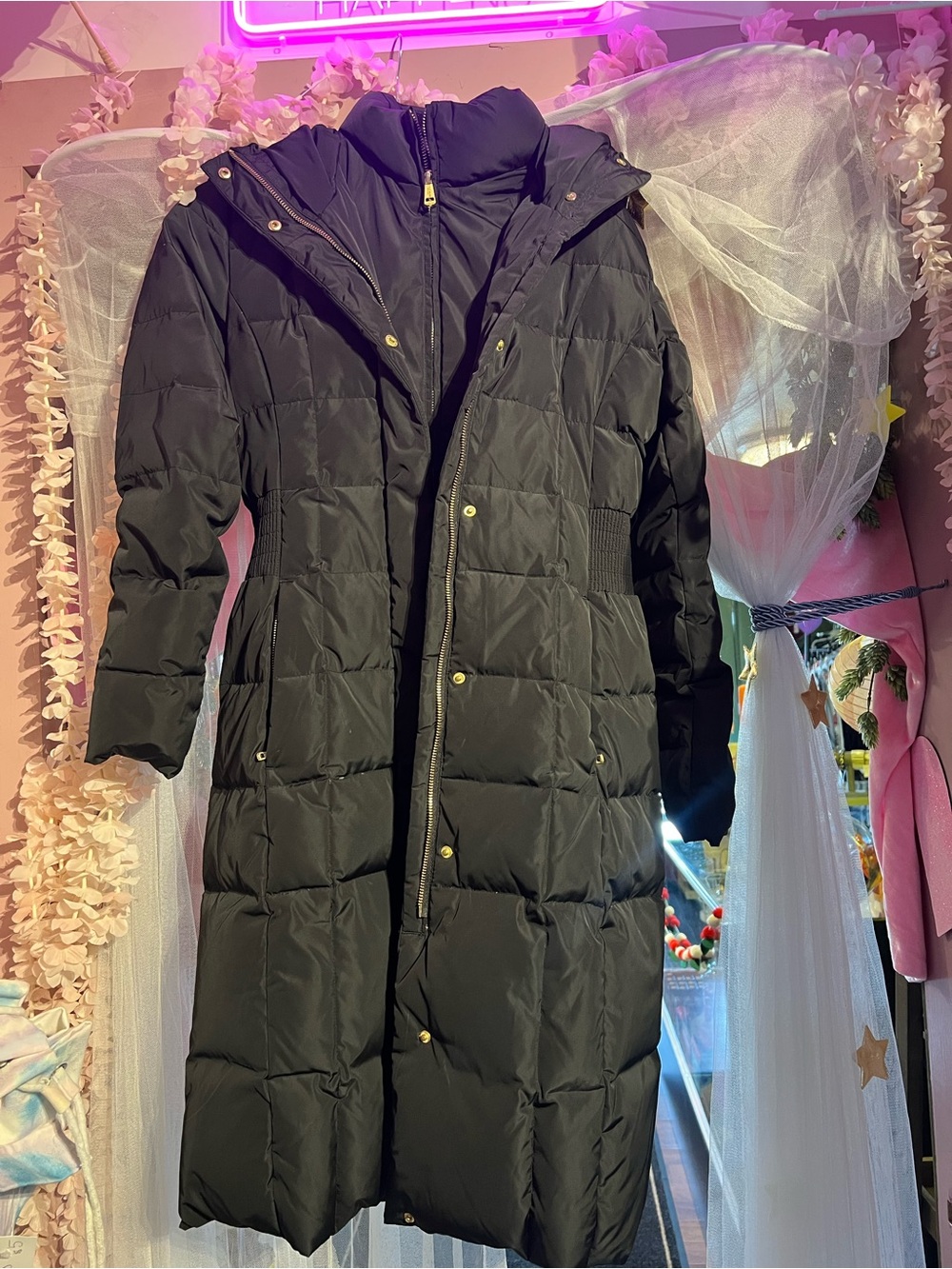 Cole Haan Black Long Quilted Hooded Puffer Coat Size XS